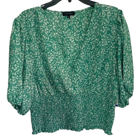 NEW 1 STATE Criss-Cross Puff Sleeve Smocked Spring Green Liberty Floral Top XL - Picture 1 of 7